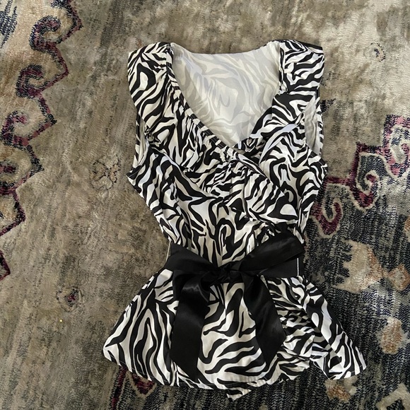 Tops - Black and White Ruffle Collar Zebra Print Wrap Top
